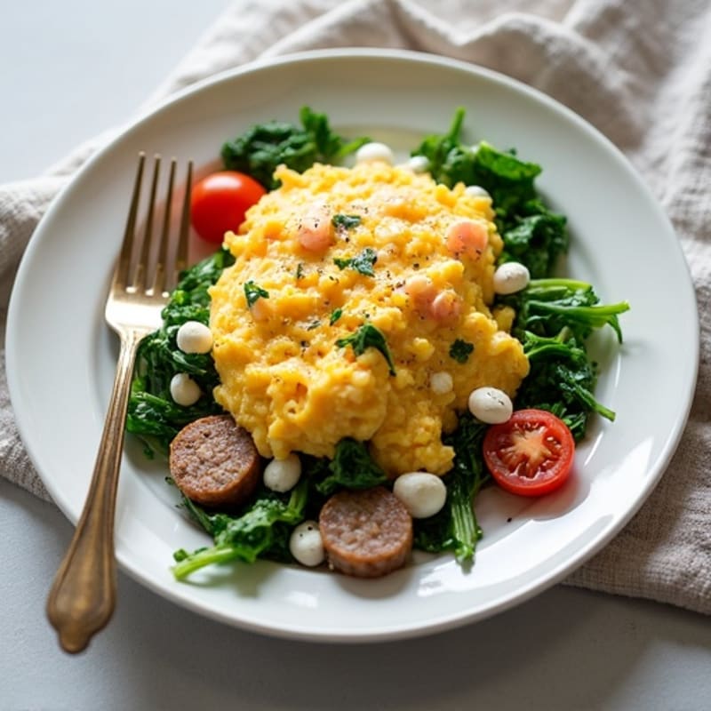 Egg White and Turkey Sausage Scramble with Cottage Cheese and Sautéed Spinach