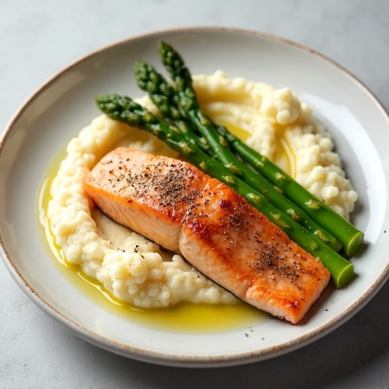 Seared Salmon with Steamed Asparagus and Cauliflower Mash