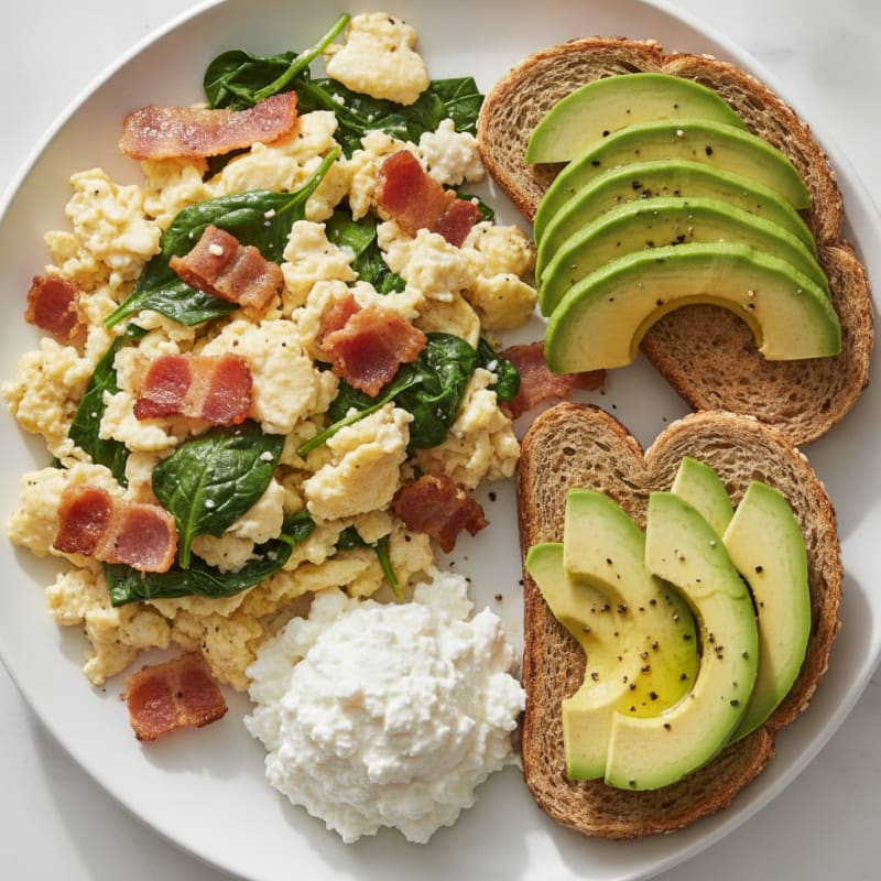 Crispy Turkey Bacon and Spinach Egg White Scramble with Cottage Cheese