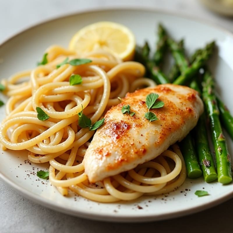 Lemon Garlic Chicken with Whole Wheat Linguine and Roasted Asparagus