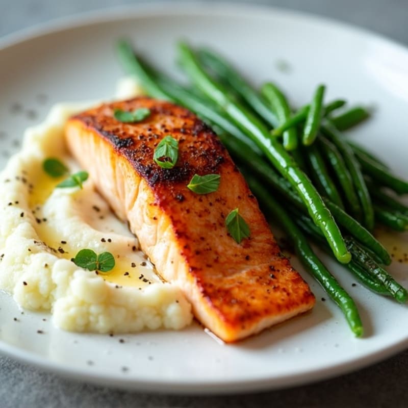 Seared Salmon with Garlic Green Beans and Cauliflower Mash