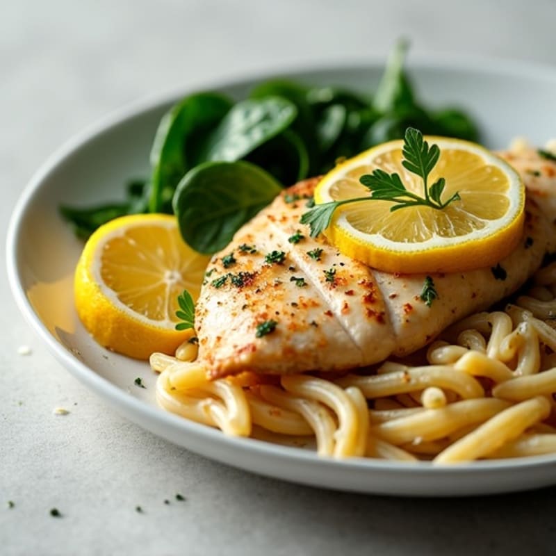 Lemon Herb Chicken with Creamy Whole Wheat Pasta and Sautéed Greens