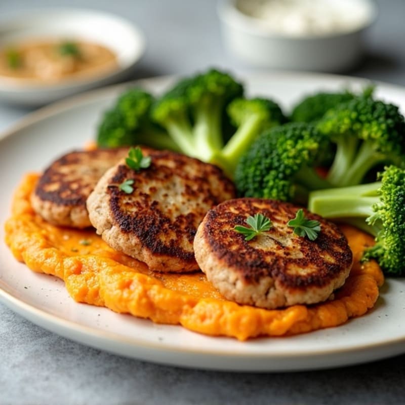 Seared Turkey Patties with Roasted Broccoli and Sweet Potato Mash