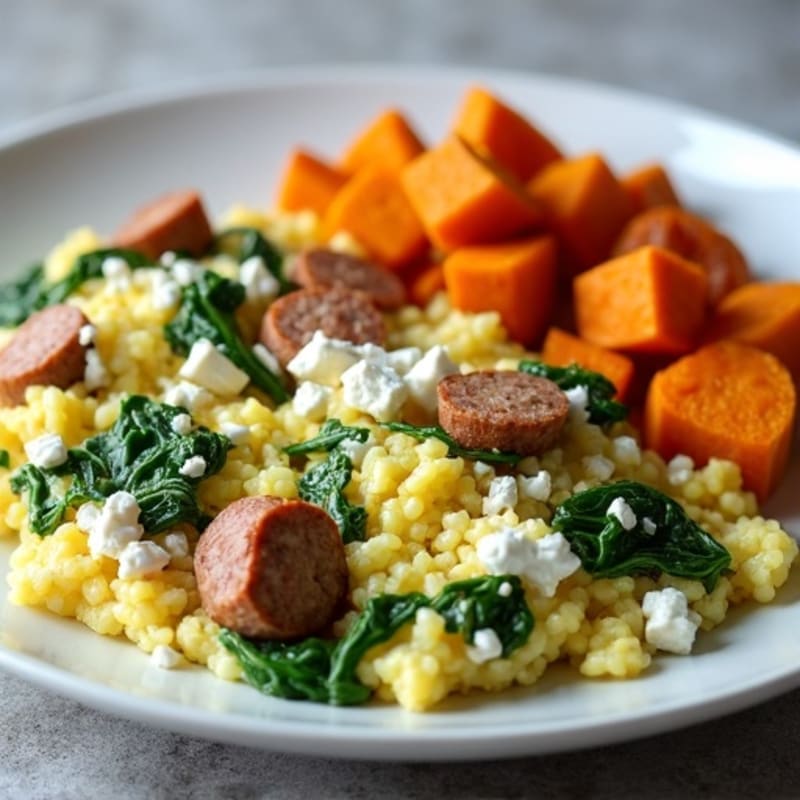 Egg White and Turkey Sausage Scramble with Spinach and Roasted Sweet Potato