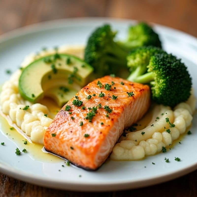 Seared Salmon with Roasted Broccoli and Cauliflower Mash