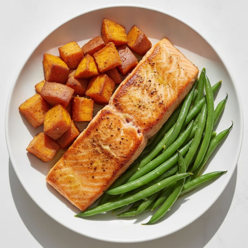 Pan-Seared Salmon with Roasted Sweet Potato and Green Beans