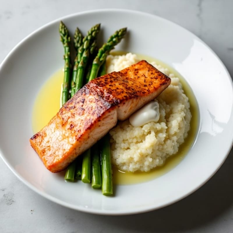 Seared Salmon Fillet with Roasted Asparagus and Cauliflower Mash