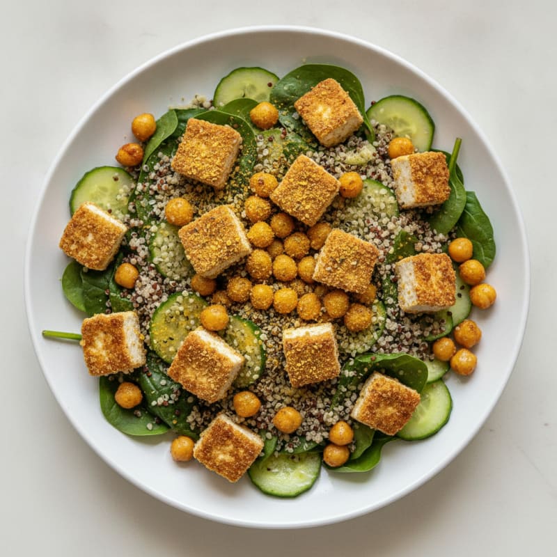 Crispy Tofu and Quinoa Power Salad with Roasted Chickpeas