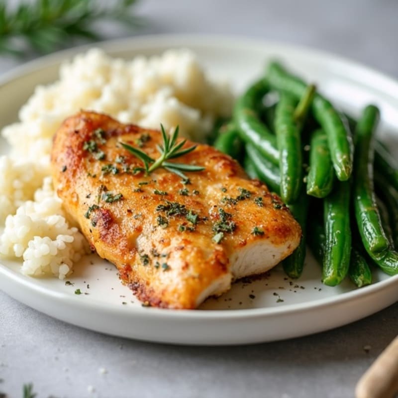 Herb-Roasted Chicken Breast with Steamed Rice and Sautéed Green Beans