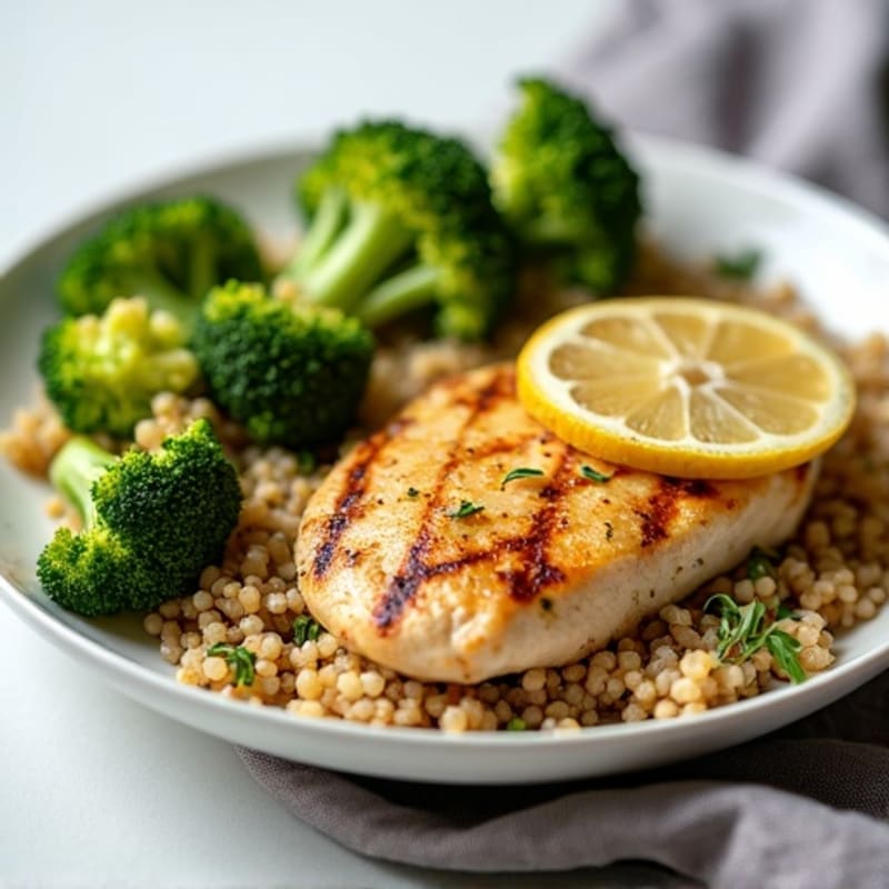 Grilled Lemon Garlic Chicken Breast with Quinoa and Steamed Broccoli