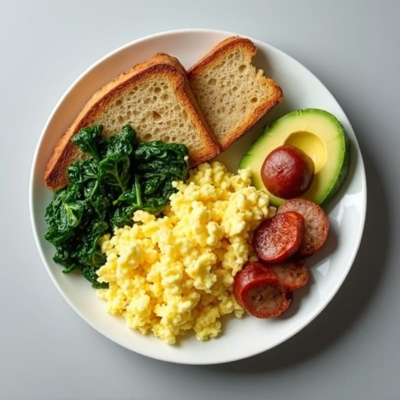 Egg White Scramble with Turkey Sausage, Sautéed Spinach, Whole Grain Toast, and Avocado
