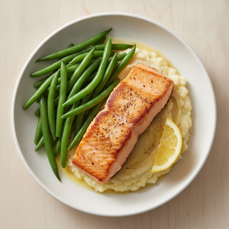 Seared Salmon Fillet with Steamed Green Beans and Garlic Cauliflower Mash