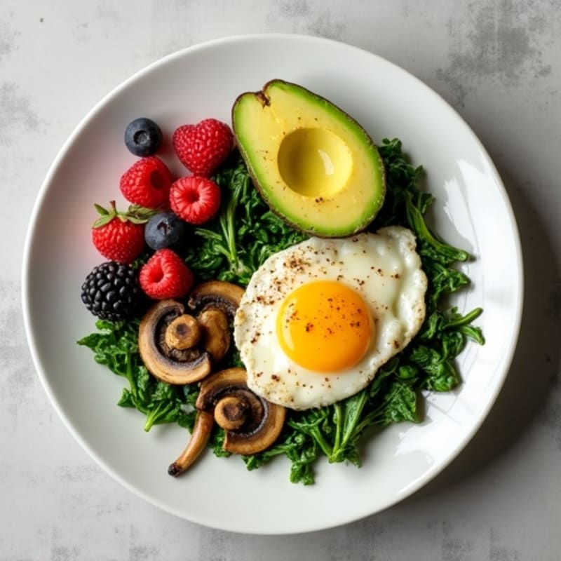Egg White Spinach Scramble with Sautéed Mushrooms and Berries