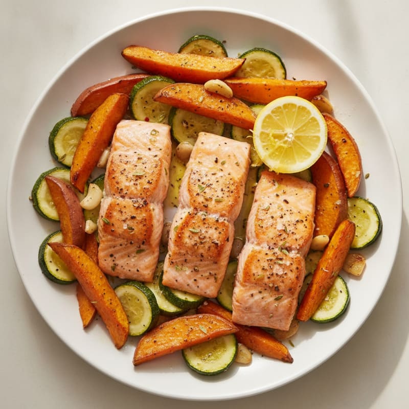 Sheet Pan Salmon with Roasted Zucchini and Sweet Potatoes