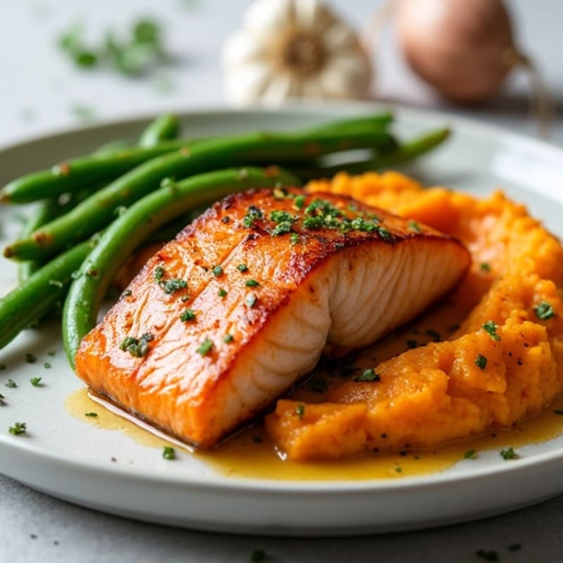 Seared Salmon with Garlic Green Beans and Sweet Potato Mash