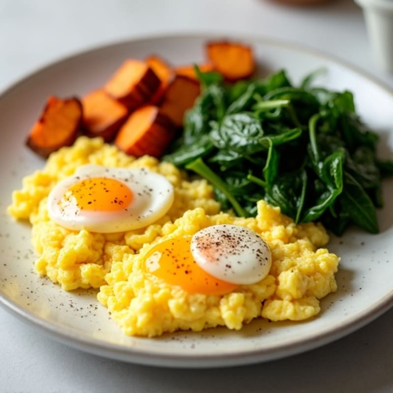 Fluffy Scrambled Eggs with Roasted Sweet Potato and Sautéed Greens