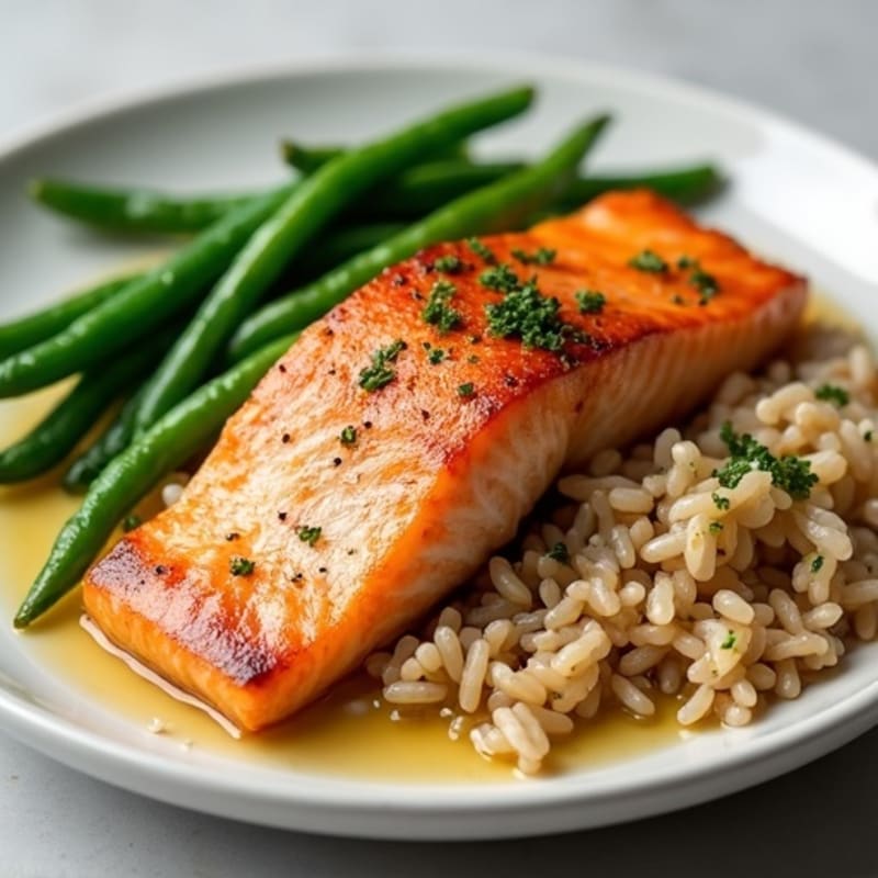 Seared Salmon with Garlic Green Beans and Brown Rice