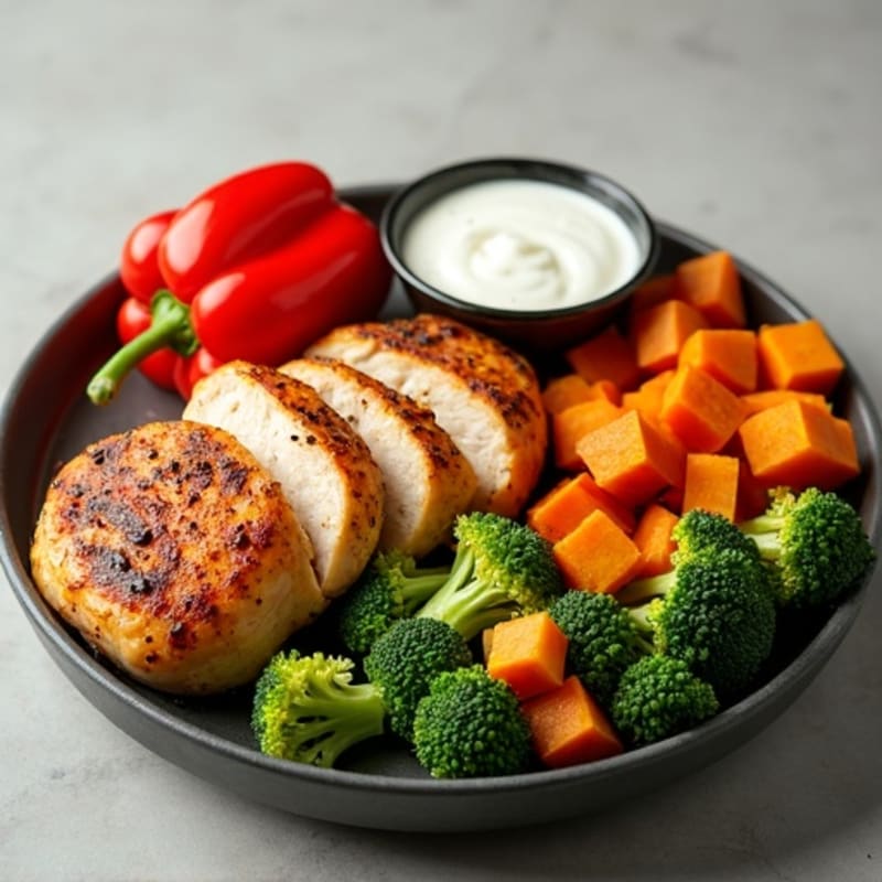 Warmly Spiced Roasted Chicken with Creamy Garlic Sauce and Crisp Vegetables