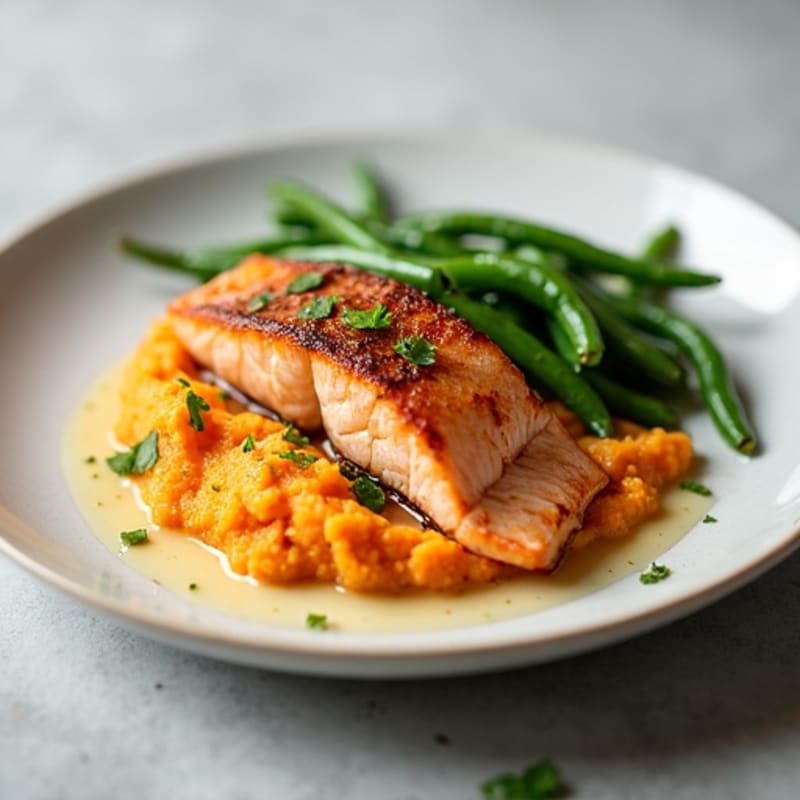 Seared Salmon with Garlic Green Beans and Sweet Potato Mash