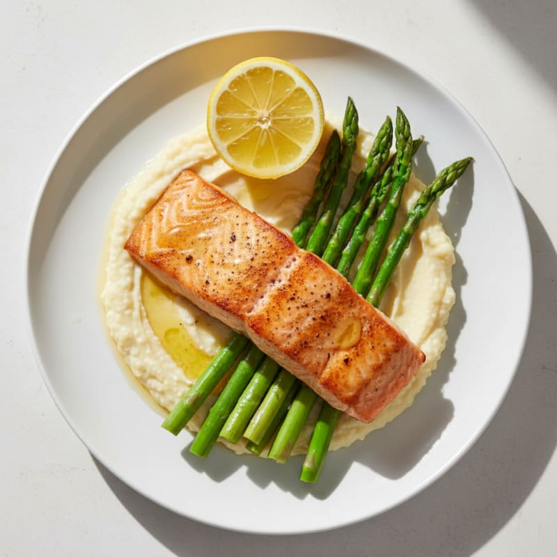 Seared Salmon Filet with Steamed Asparagus and Cauliflower Mash