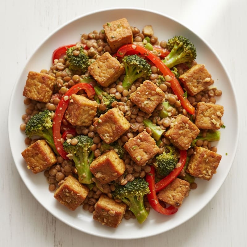 Creamy Lentil and Vegetable Stir Fry with Tempeh Cubes