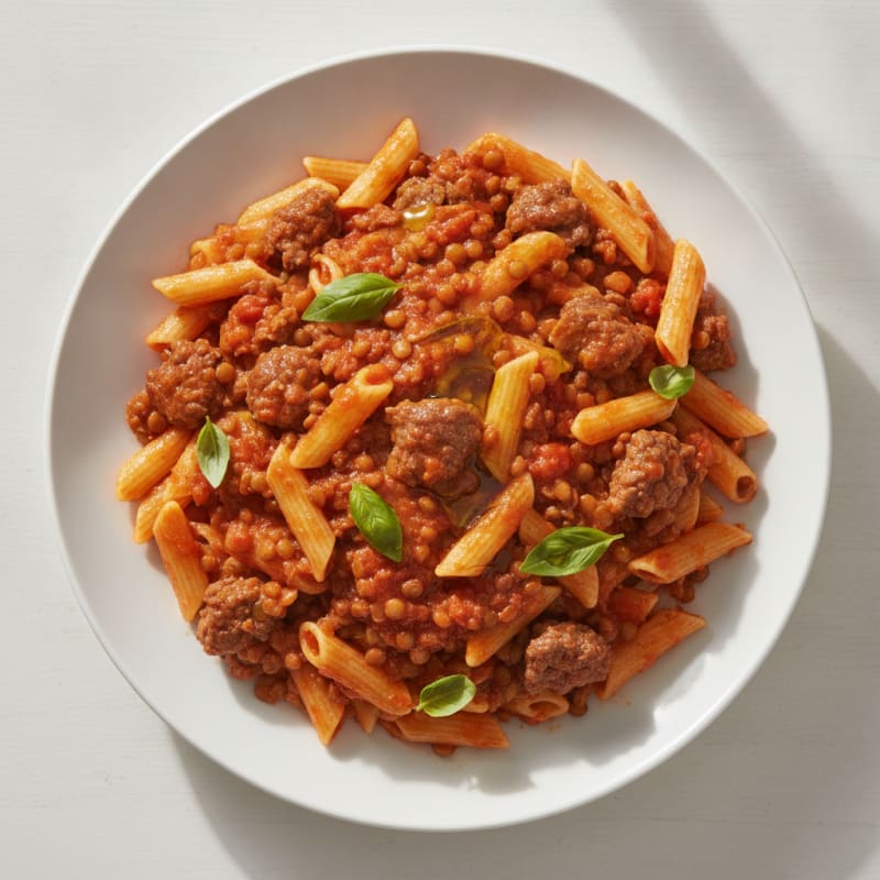 Lean Beef and Lentil Pasta with Tomato Basil Sauce