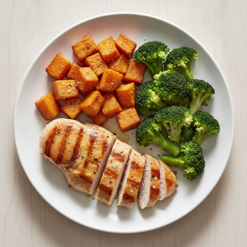 Grilled Chicken Breast with Roasted Sweet Potato and Steamed Broccoli