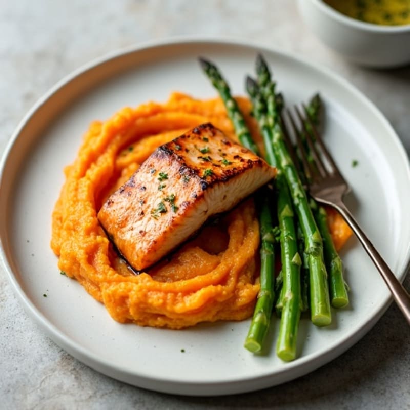 Seared Salmon with Roasted Asparagus and Sweet Potato Mash