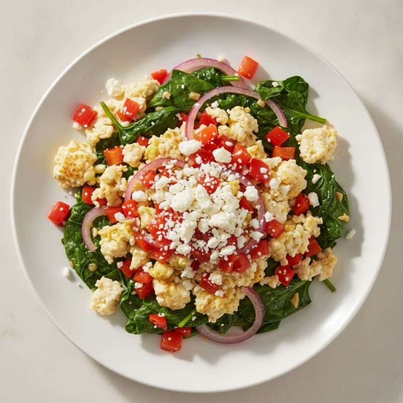 Egg White Veggie Scramble with Sautéed Spinach