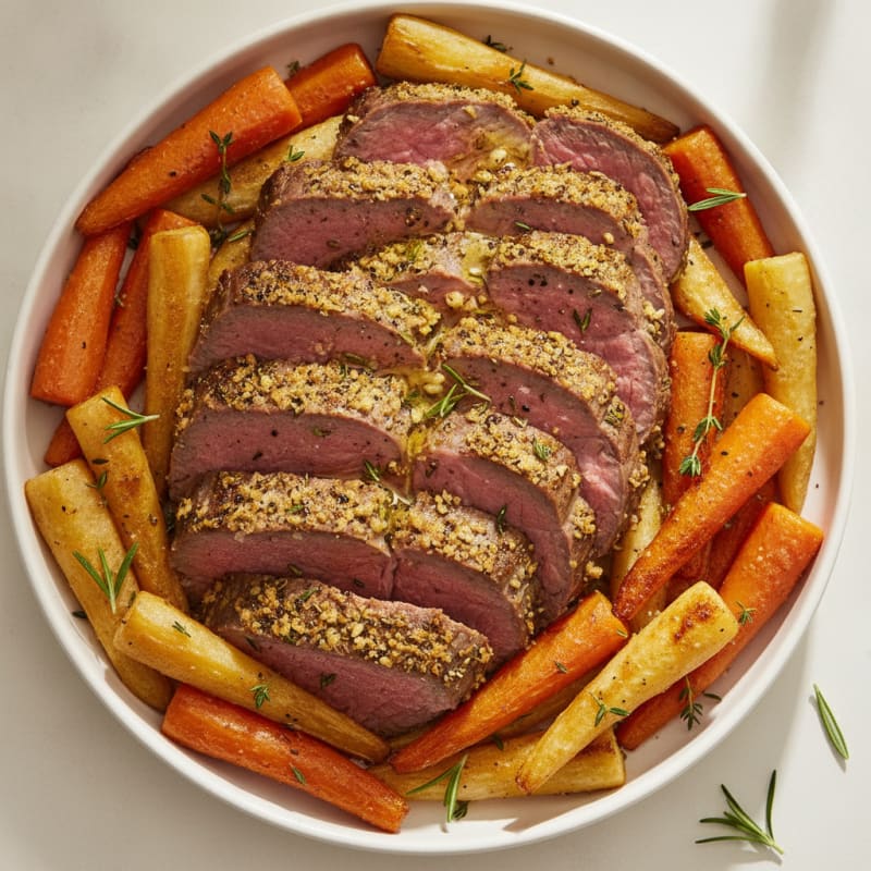 Herb-Crusted Roast Beef with Root Vegetables