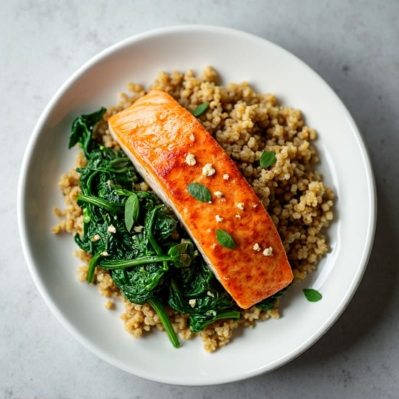 Seared Salmon with Quinoa and Sautéed Spinach