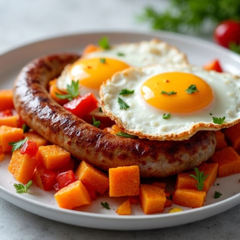 Crispy Sweet Potato and Bell Pepper Hash with Fried Eggs and Lean Turkey Sausage