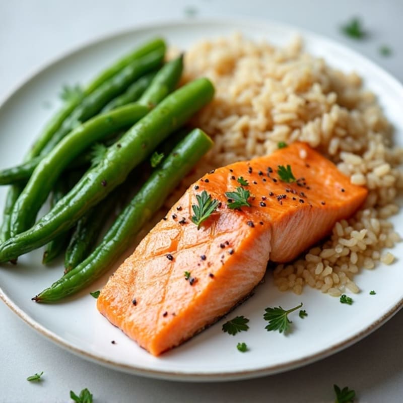 Seared Salmon Fillet with Steamed Green Beans and Brown Rice