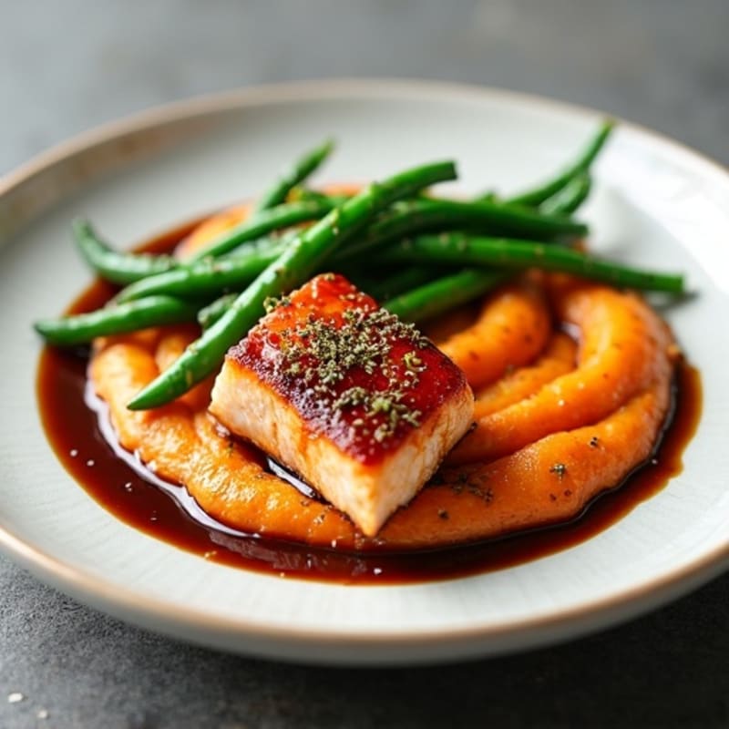 Crispy Balsamic Glazed Salmon with Creamy Sweet Potato Puree and Roasted Green Beans