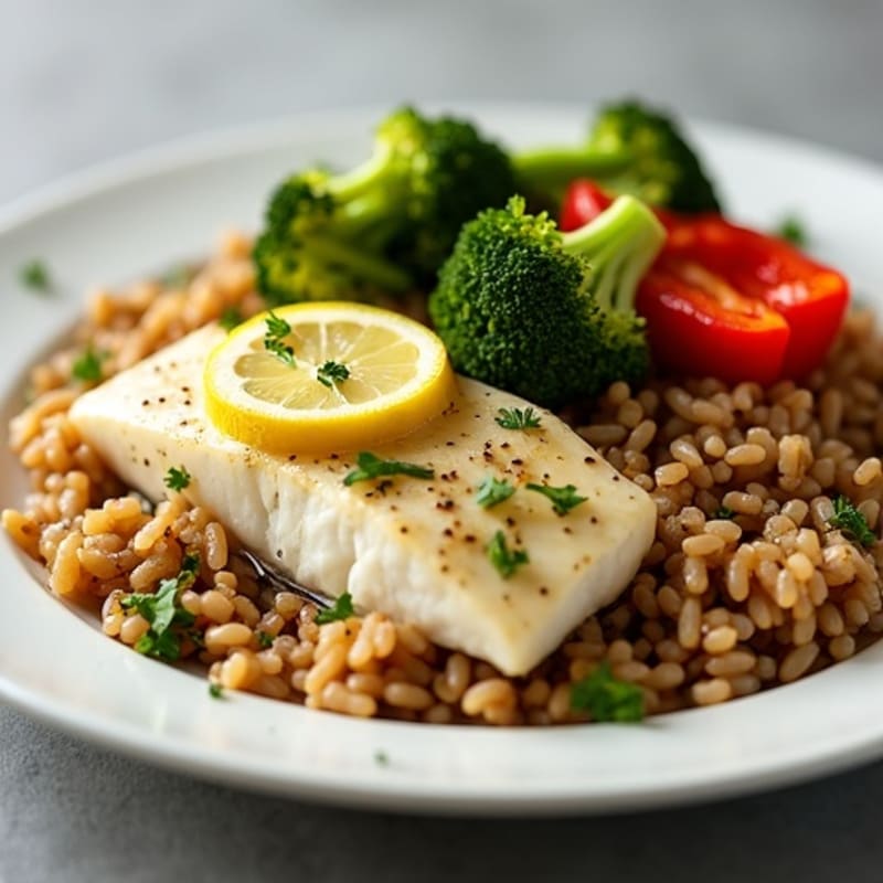Lemon-Herb Baked Cod with Brown Rice and Roasted Vegetables