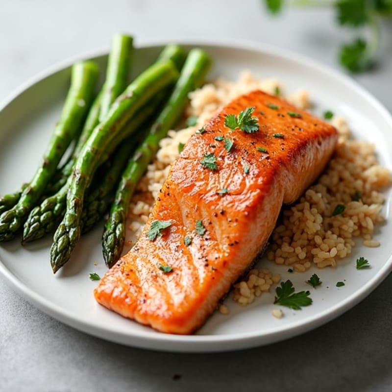 Seared Salmon with Steamed Asparagus and Brown Rice