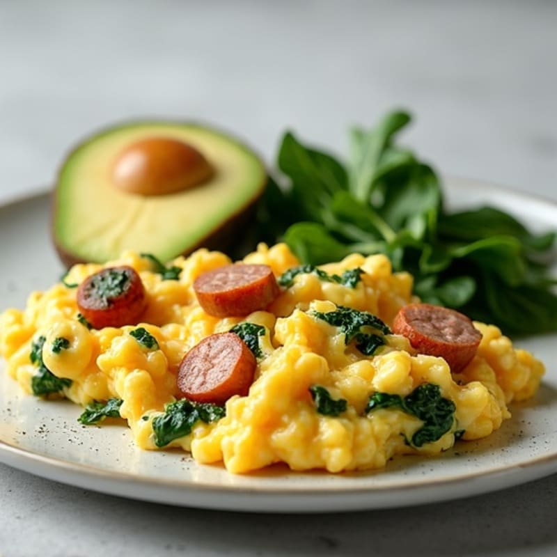 Egg White Scramble with Turkey Sausage and Sautéed Spinach