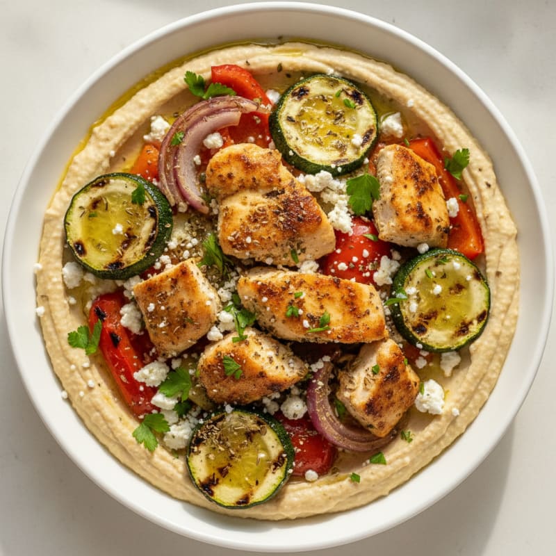Mediterranean Hummus Platter with Roasted Chicken and Vegetables