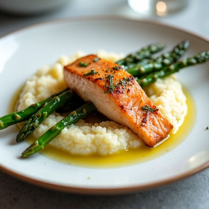 Seared Salmon with Steamed Asparagus and Cauliflower Mash