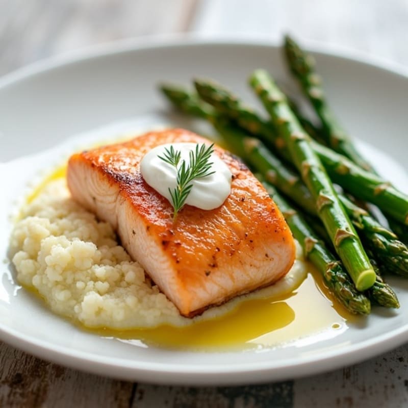 Seared Salmon with Steamed Asparagus and Cauliflower Mash