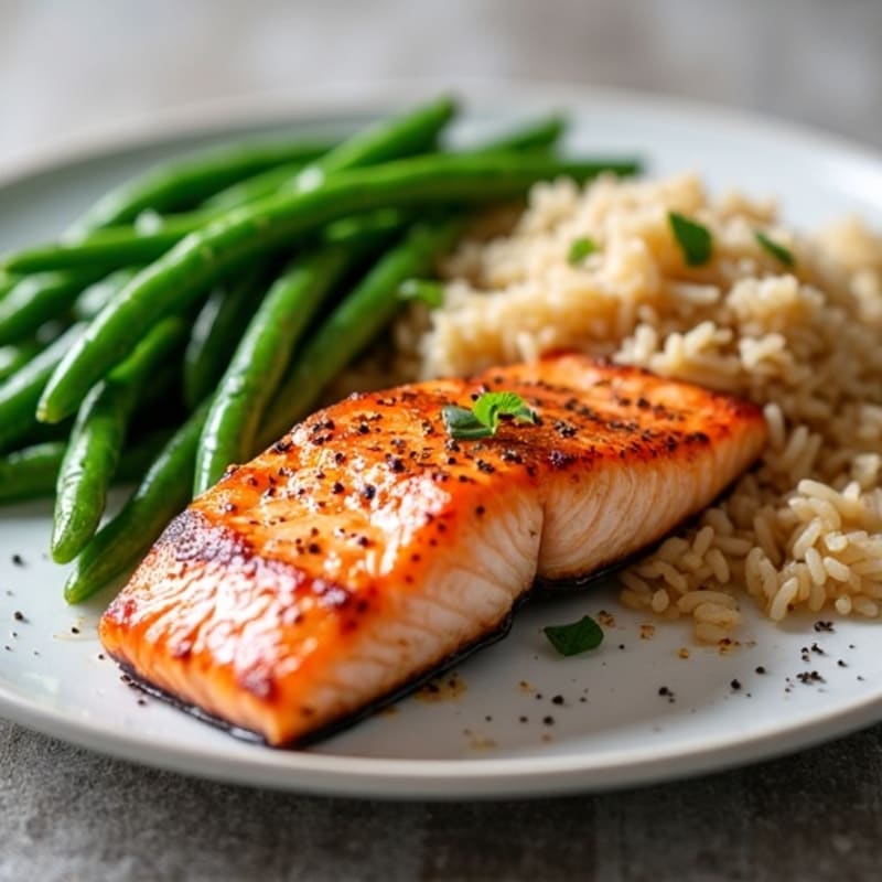 Seared Salmon with Garlic Green Beans and Brown Rice