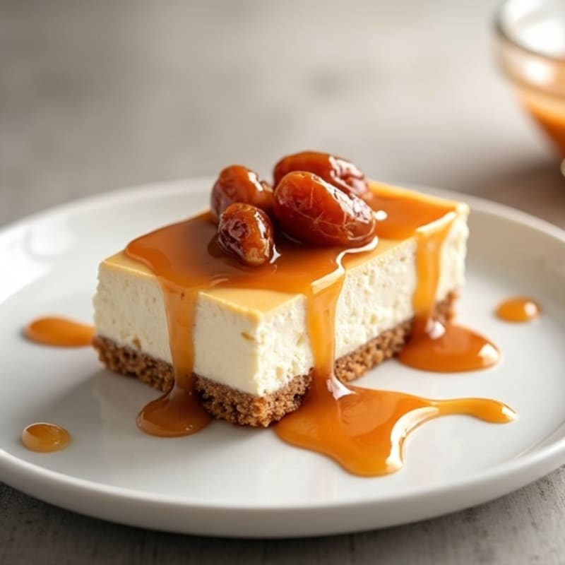 Lightened-Up Greek Yogurt Cheesecake with Date Caramel Drizzle