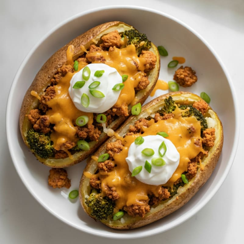 Loaded Baked Potatoes with Savory Turkey and Broccoli