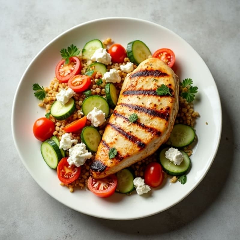 Lemon Oregano Grilled Chicken with Feta and Crisp Vegetable Salad