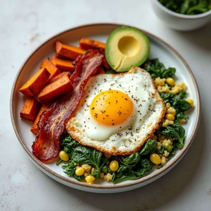 Crispy Turkey Bacon and Spinach Egg Scramble with Roasted Sweet Potato