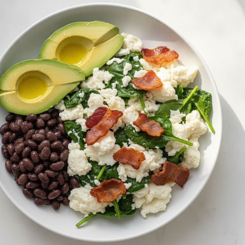 Crispy Turkey Bacon and Egg White Scramble with Sautéed Spinach