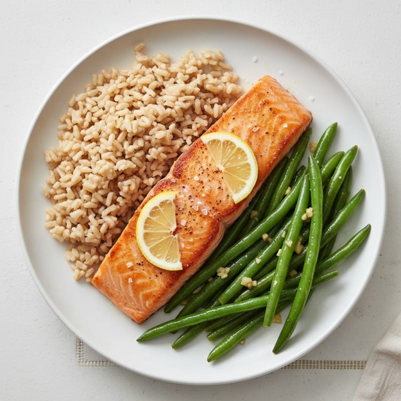 Seared Salmon with Garlic Green Beans and Brown Rice