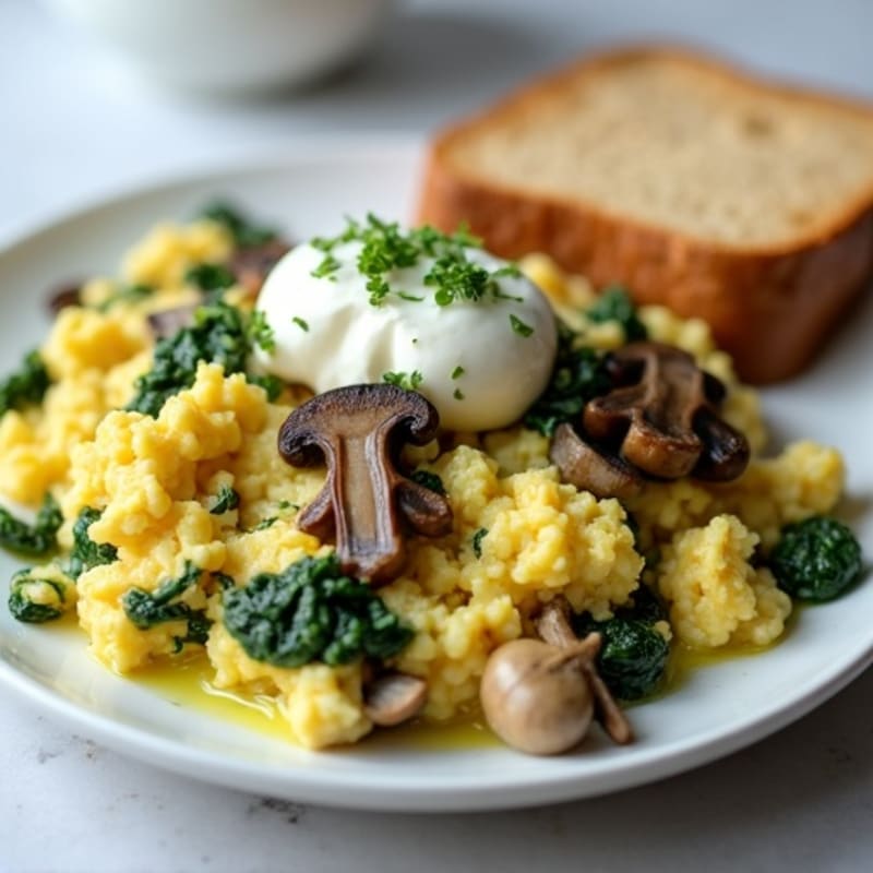 Egg White Spinach Scramble with Cottage Cheese and Sautéed Mushrooms