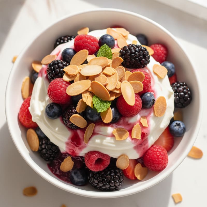 Greek Yogurt Protein Parfait with Mixed Berries and Almonds