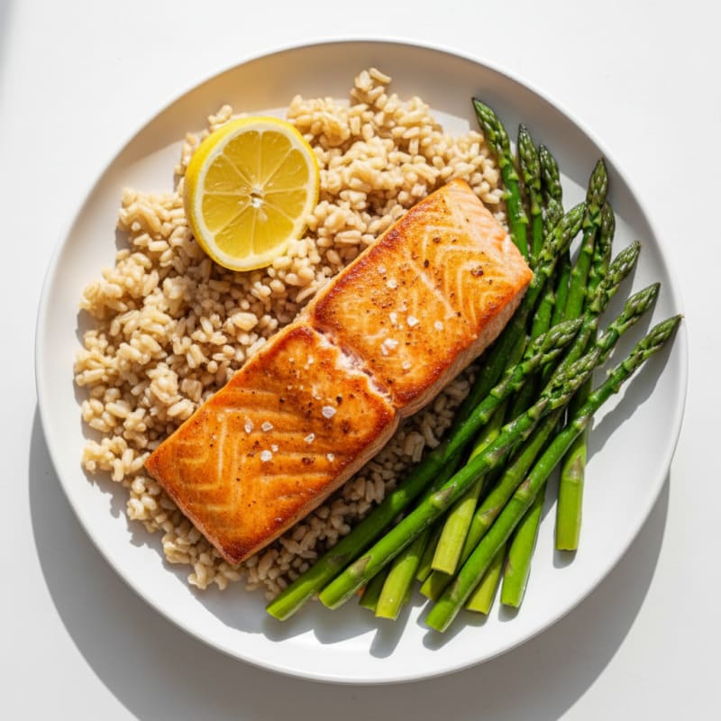 Seared Salmon with Steamed Asparagus and Brown Rice